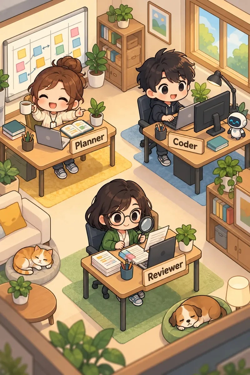 Văn phòng isometric thu nhỏ với ba bàn Planner, Coder, Reviewer, do codex gen